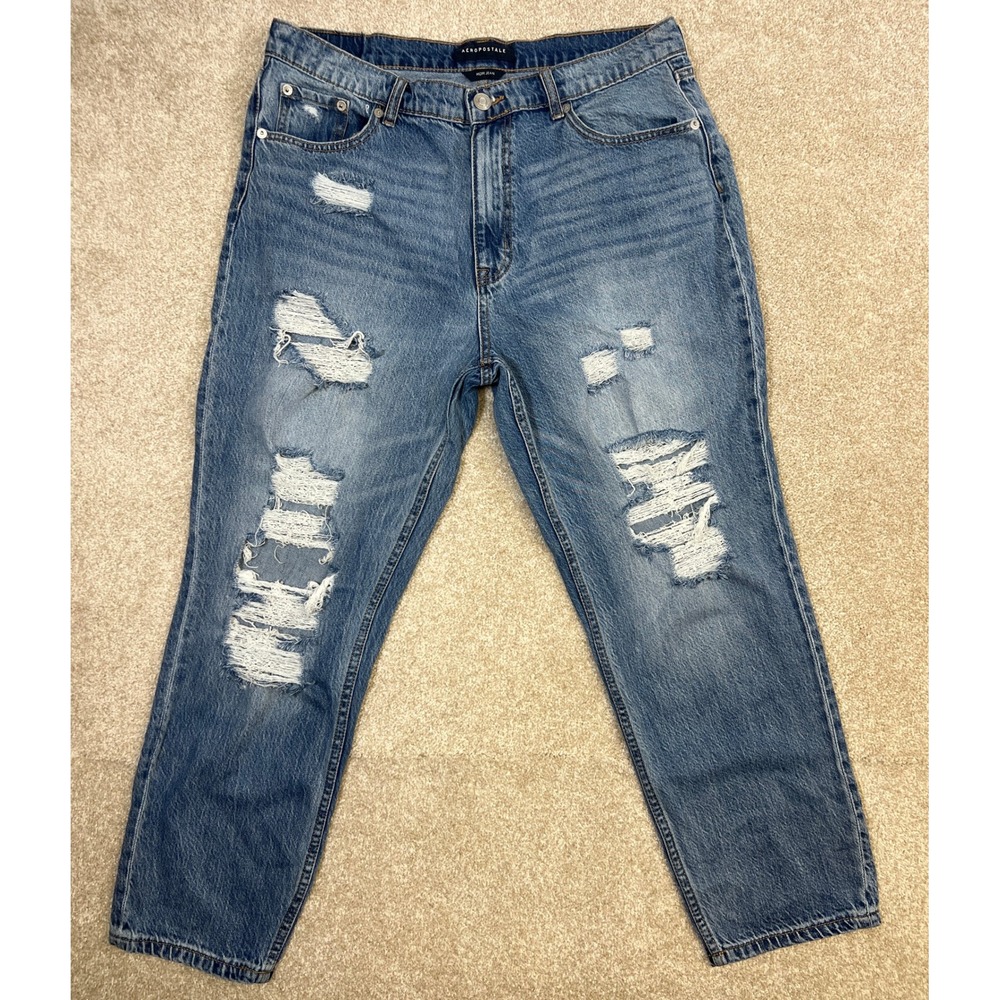 Aeropostale Mom Jeans Distressed Ripped Blue Denim Women's‎ Size 14